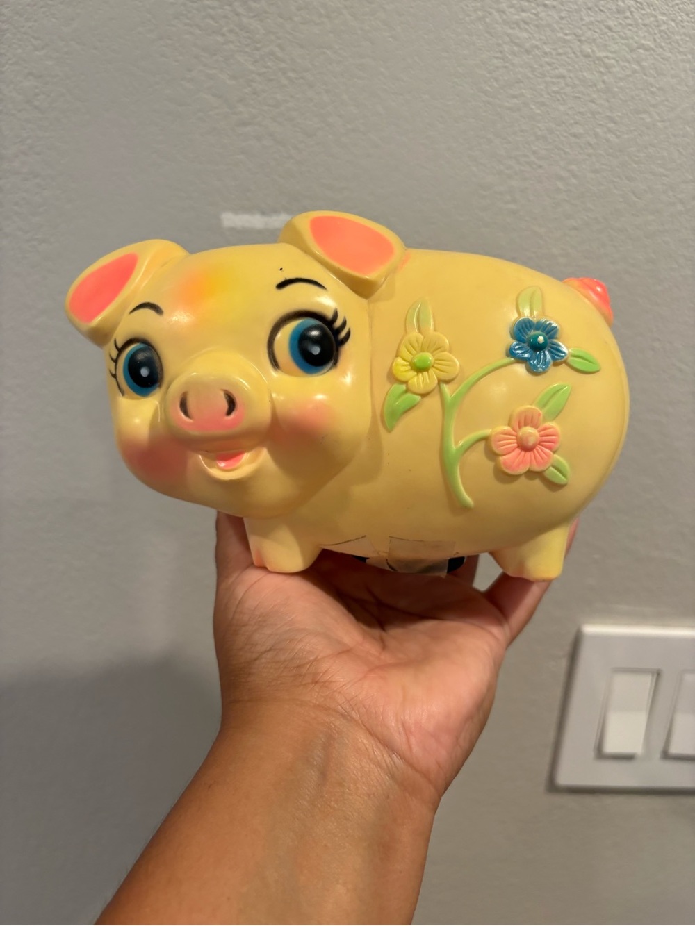 Vintage 1977 Sanitoy Yellow Plastic Piggy Bank Hand Painted Bright Colors - Picture 2 of 10